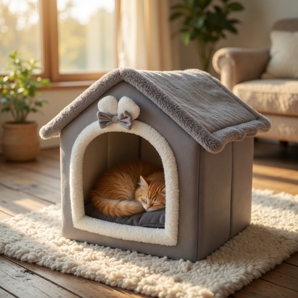Cat lying in a cozy Foldable Pet House on a rug in a warm living room.