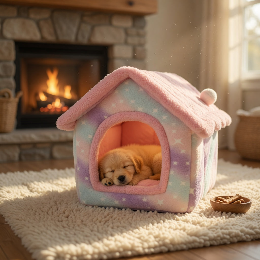 Dog lying in a pink and white foldable pet house in a cozy living room with a fireplace.