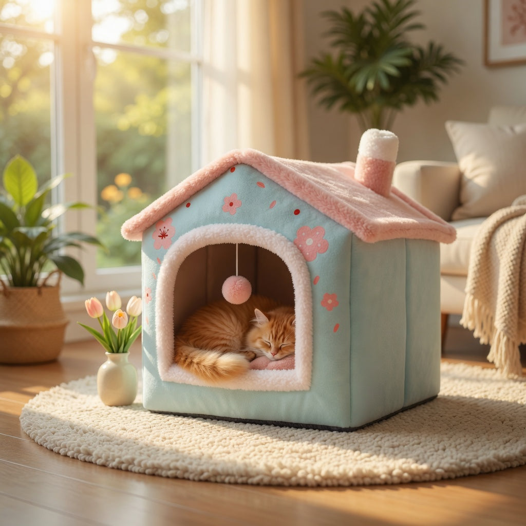 Cat lying in a cozy Foldable Pet House with flowers and a pink ball on a wooden floor.
