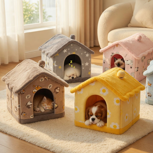 Four colorful foldable pet houses with small dogs inside on a carpeted floor.