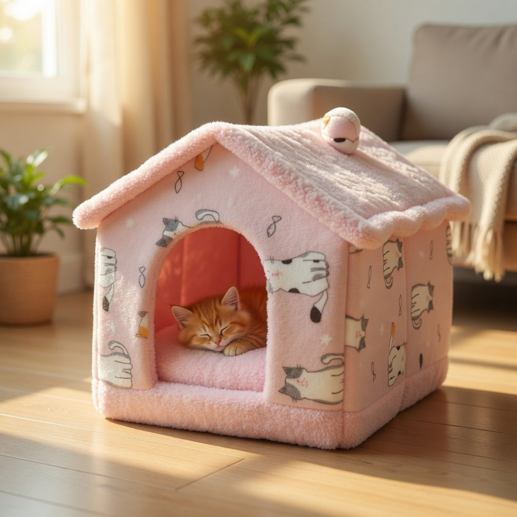 Pink Foldable Pet House with a cat inside in a cozy living room.