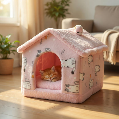 Pink Foldable Pet House with a cat inside in a cozy living room.