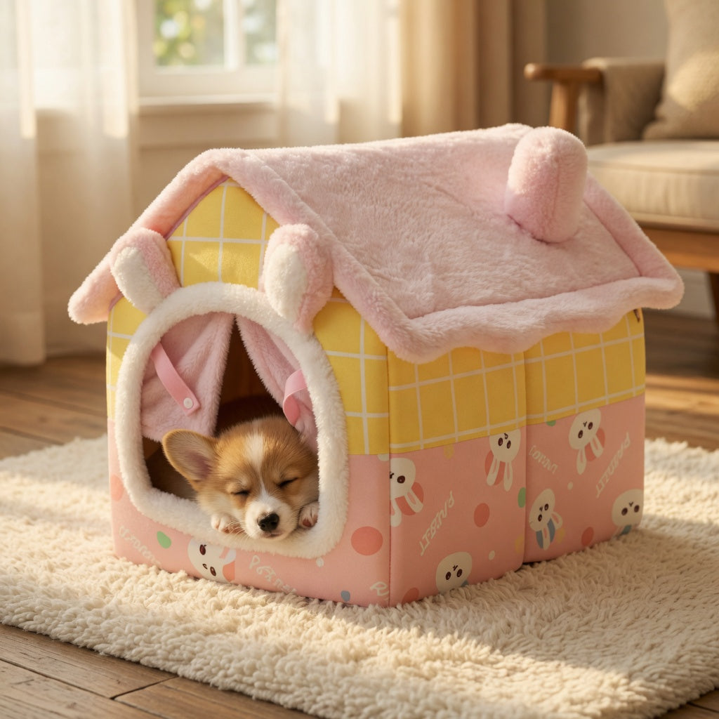 Dog lying in a pink and yellow Foldable Pet House with cartoon designs on a wooden floor.
