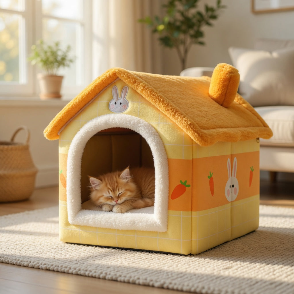 Cat lying in a yellow Foldable Pet House with cartoon designs in a cozy living room.