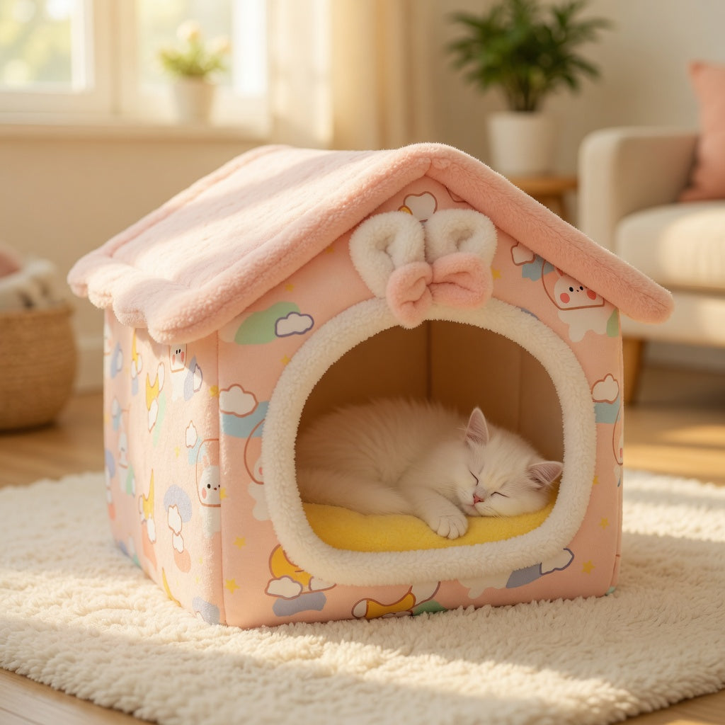 Cute pink Foldable Pet House with a small white kitten inside, placed on a carpeted floor.