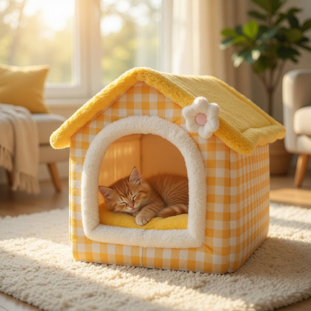 Cat lying in a yellow Foldable Pet House with a flower on top in a cozy living room.