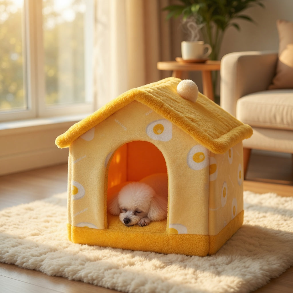 Yellow Foldable Pet House with a small white dog inside, placed on a rug in a cozy living room.