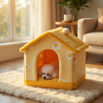 Yellow Foldable Pet House with a small white dog inside, placed on a rug in a cozy living room.