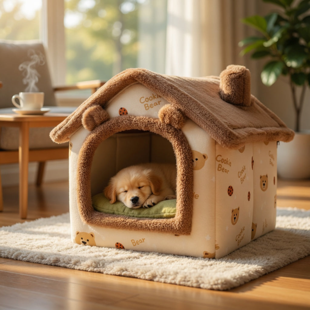Foldable Pet House with a puppy inside on a wooden floor in a cozy living room.