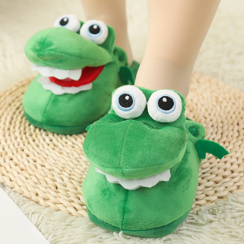 Green Funny Plush Slippers for Pet Owners slippers worn by a person on a woven mat.