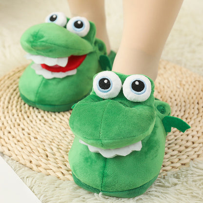 Green Funny Plush Slippers for Pet Owners slippers worn by a person on a woven mat.