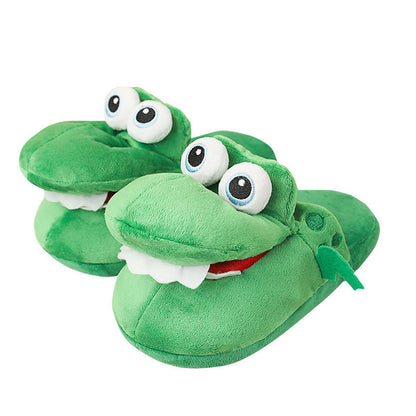 Green Funny Plush Slippers for Pet Owners slippers with eyes and a mouth on a white background