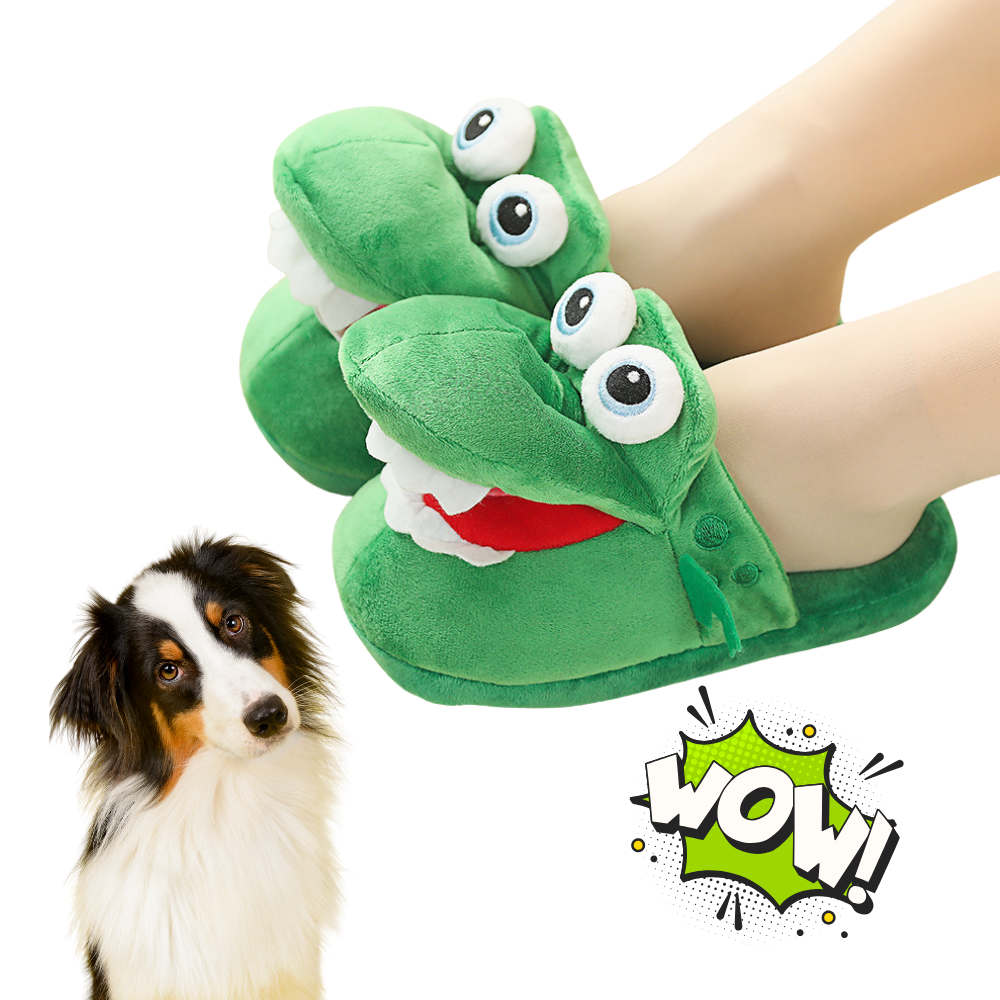 Green Funny Plush Slippers for Pet Owners worn by a person with a dog and 'WOW!' graphic in the corner.