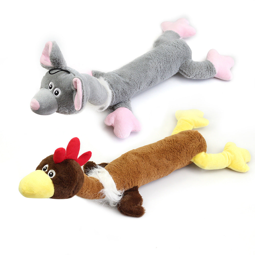 The gray mouse and brown turkey plush dog toys displayed together, offering bite resistance and interactive fun, perfect for keeping dogs entertained.