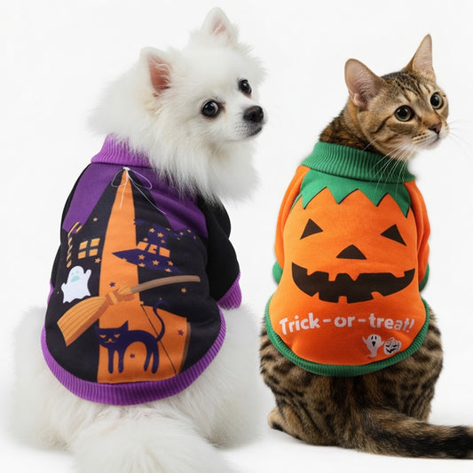 Dog and cat wearing Halloween Pet Hoodie Costume on a white background