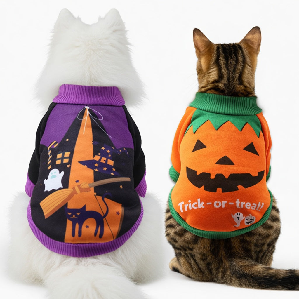 Two cats wearing Halloween Pet Hoodie Costume on a white background