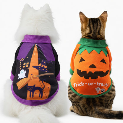 Two cats wearing Halloween Pet Hoodie Costume on a white background