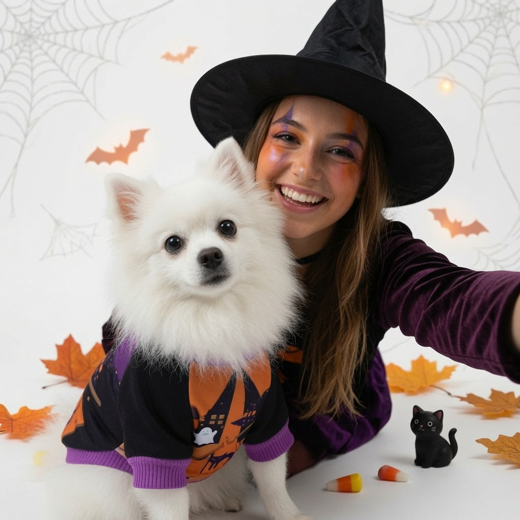 Woman in witch costume with a white dog wearing a Halloween Pet Hoodie Costume on a spider web background.