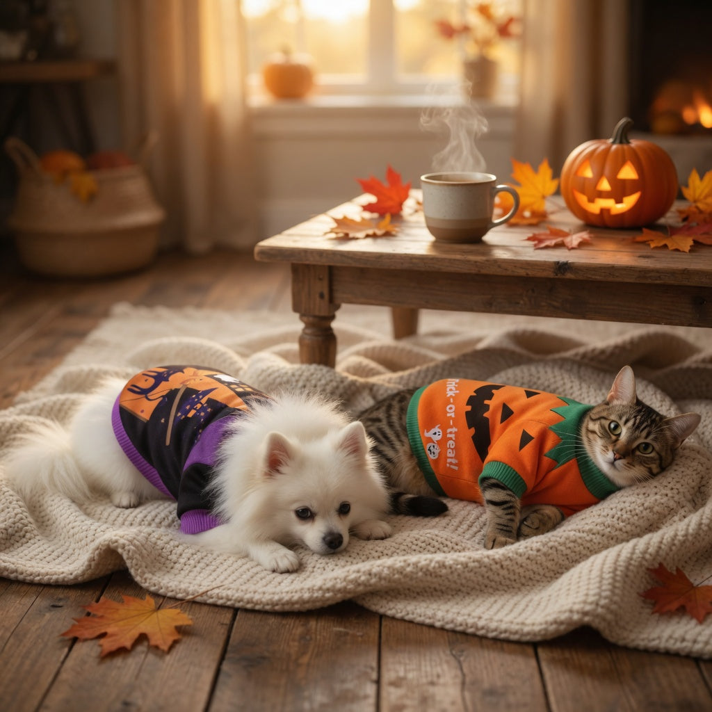 Dog and cat wearing Halloween Pet Hoodie Costume in a cozy room with pumpkins and a fireplace.