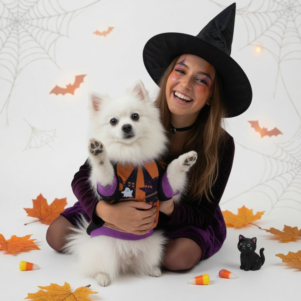 Woman in which costume holding a small white dog with a Halloween Pet Hoodie Costume and Halloween decorations around them.