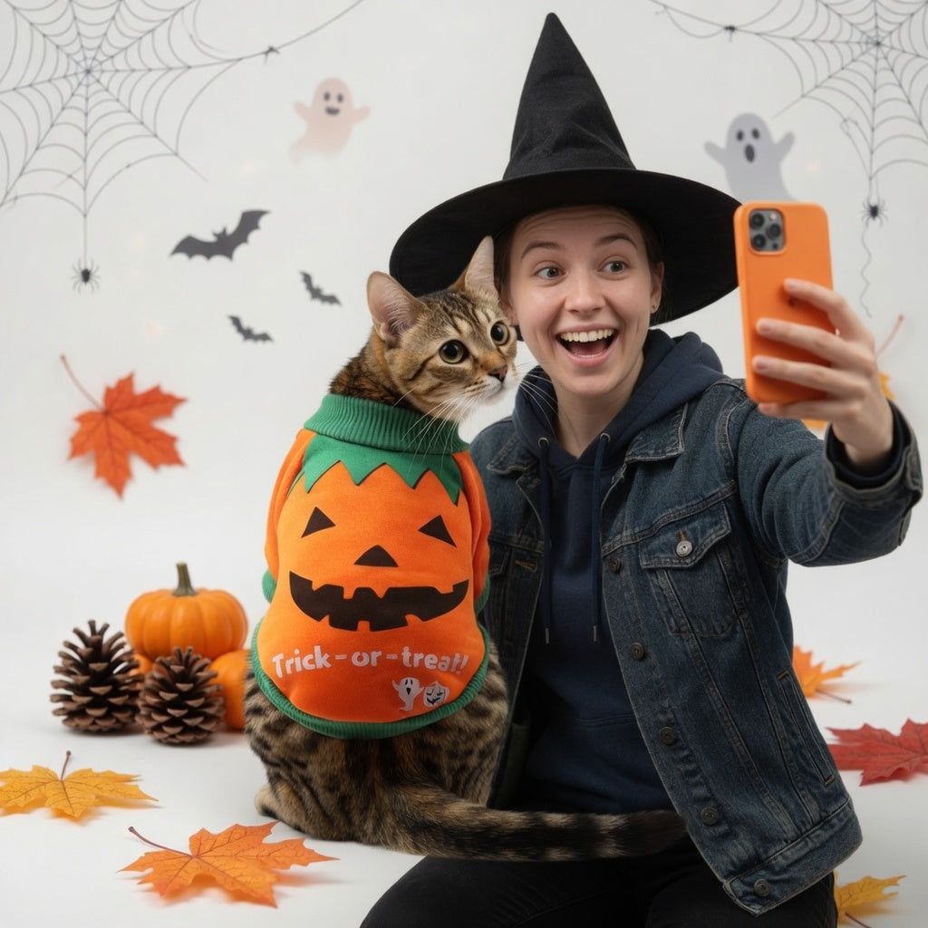 Person in which costume with a cat in a Halloween Pet Hoodie Costume taking a selfie on Halloween-themed background