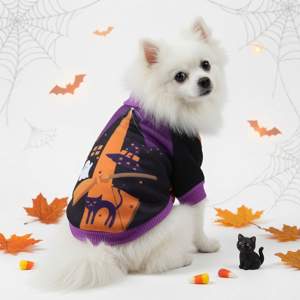 Small white dog wearing a Halloween Pet Hoodie Costume with a witch hat and black cat design, sitting on a spider web background.