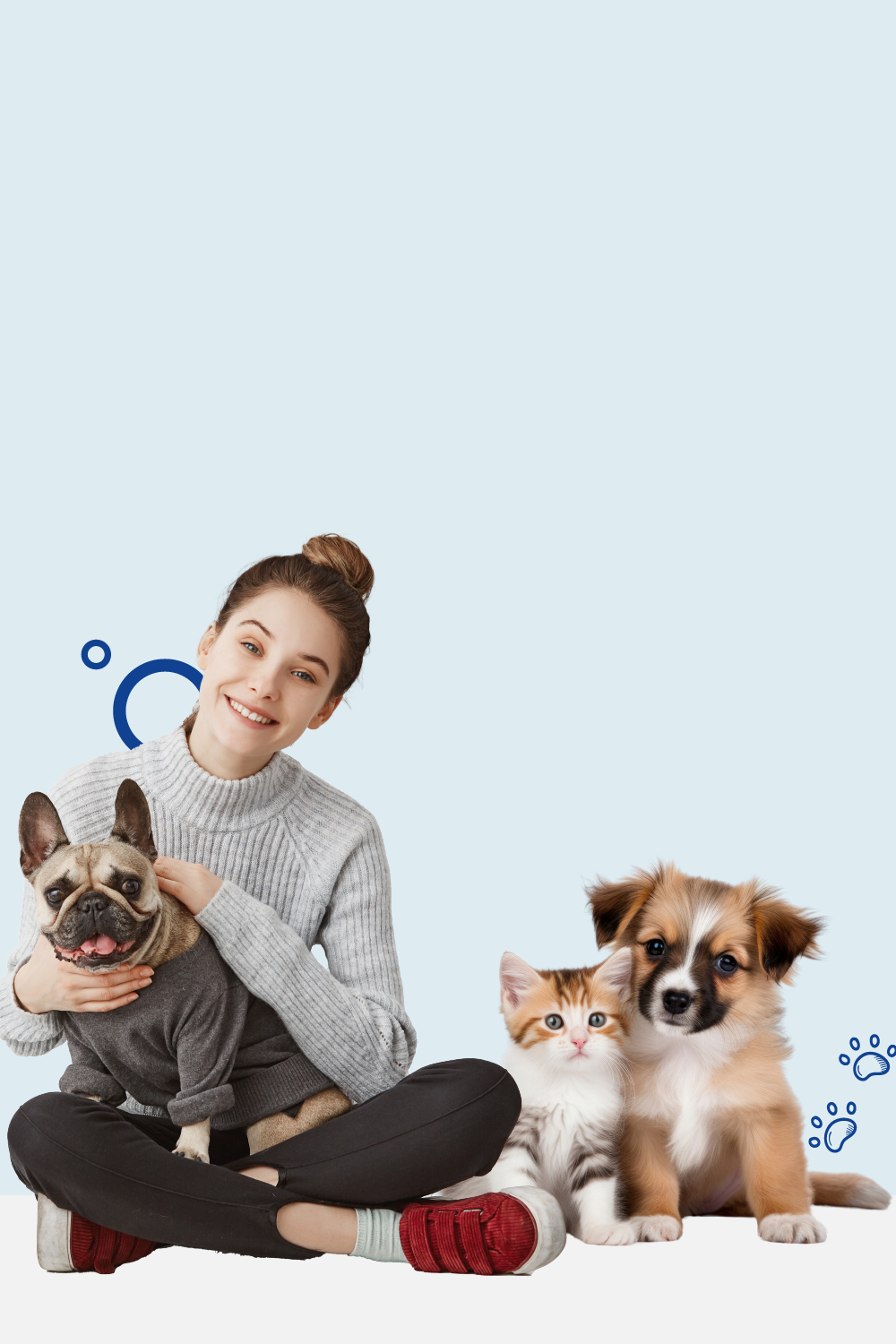 a woman with three pets sitting very happy banner 2