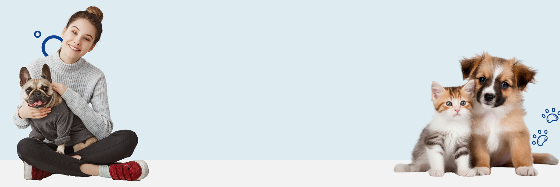 a woman with three pets sitting very happy