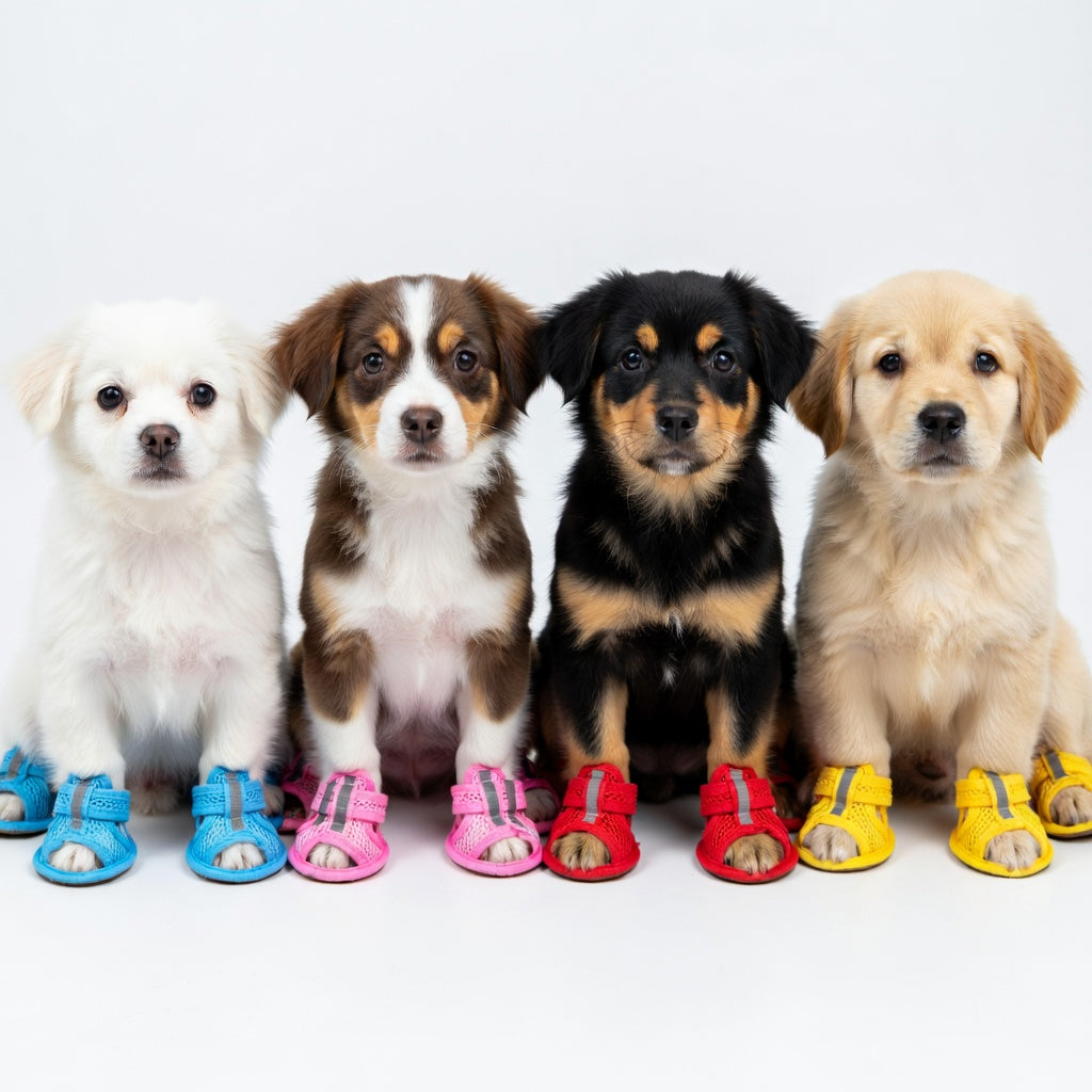Four dogs with their sandals in a white background