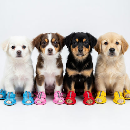 Four dogs with their sandals in a white background