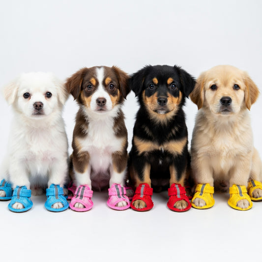 Four dogs with their sandals in a white background