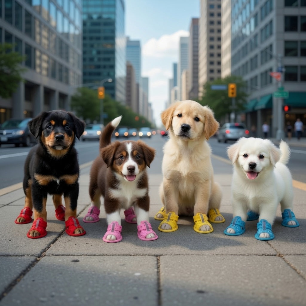 Four dogs with their dog sandals in the city