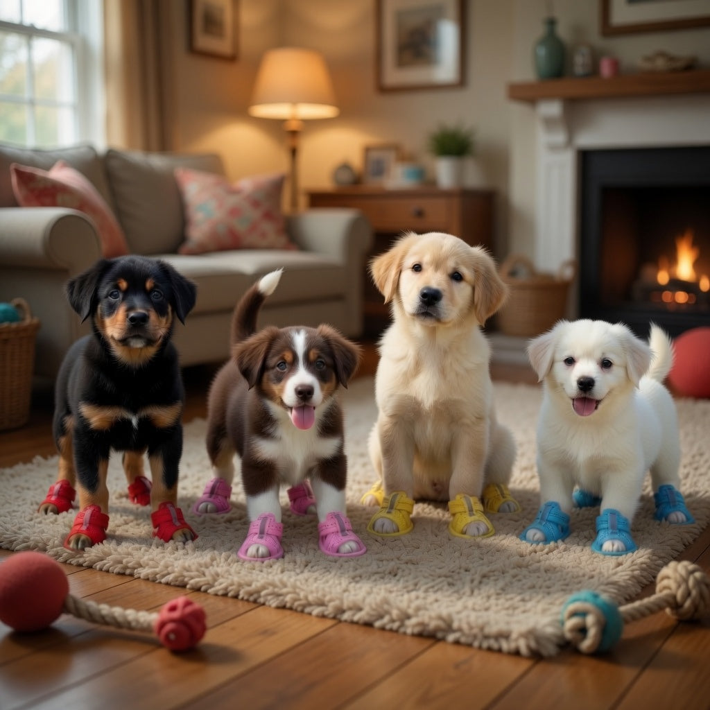 Four dogs with their dog sandals in the house