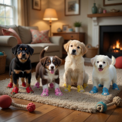 Four dogs with their dog sandals in the house