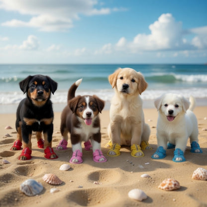 Four dogs with their dog sandals on the beach