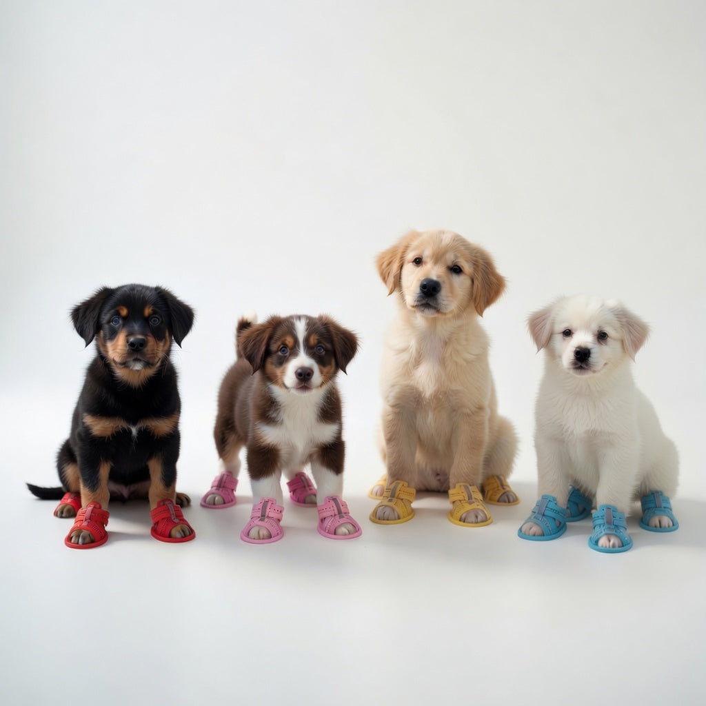 Four puppies wearing colorful Dog sandals on a white background