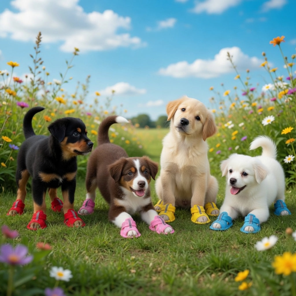 Four dogs with their dog sandals in the grass