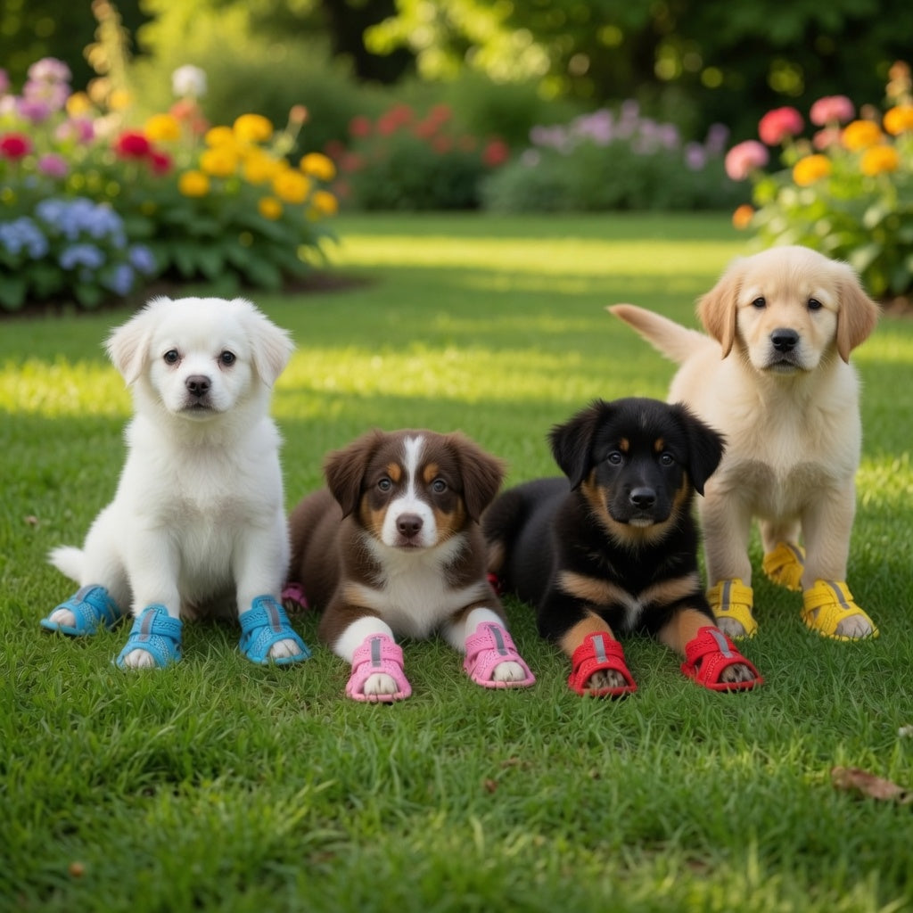 Four dogs with their dog sandals in the park 