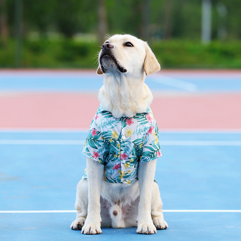 Pomegranate blossom Hawaiian pet shirt for dogs and cats, with a vibrant tropical design, perfect for summer and keeping your pet stylish and comfortable. dog whit it front view