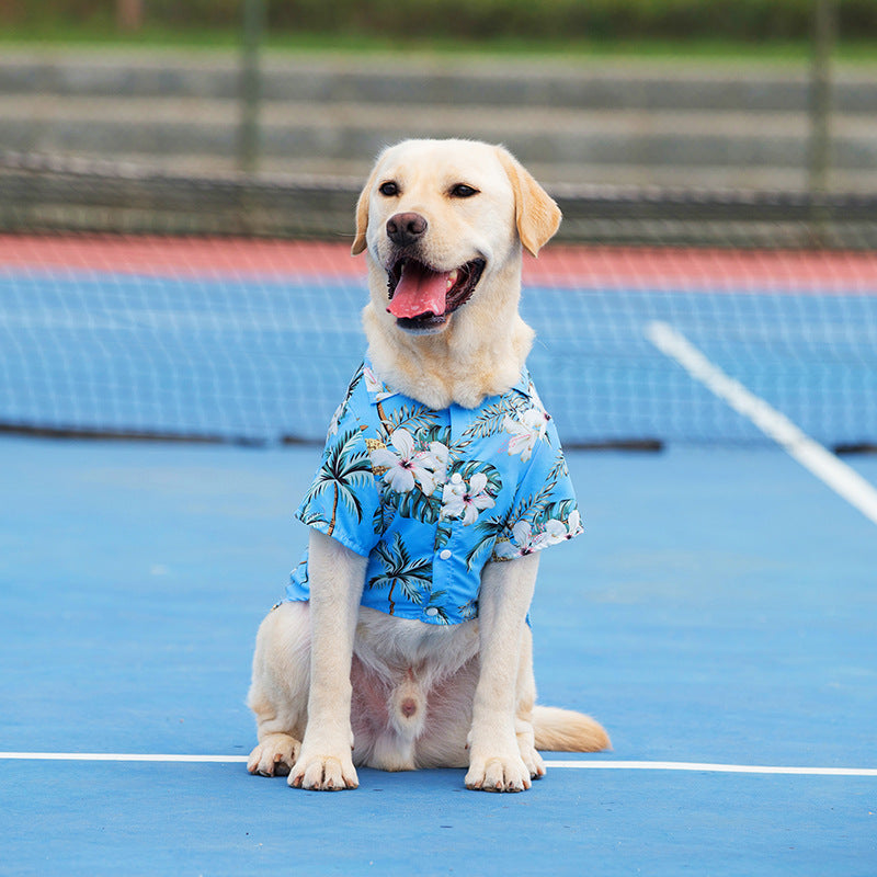 Sky blue Hawaiian pet shirt with pineapple print for dogs and cats, perfect for summer adventures, offering comfort and a fun tropical look dog whit it front view
