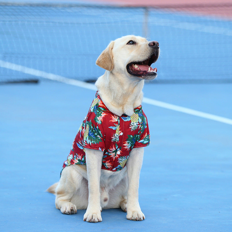 Wine red Hawaiian pet shirt with pineapple print for dogs and cats, designed for a stylish and tropical summer look, ensuring comfort and durability front view.