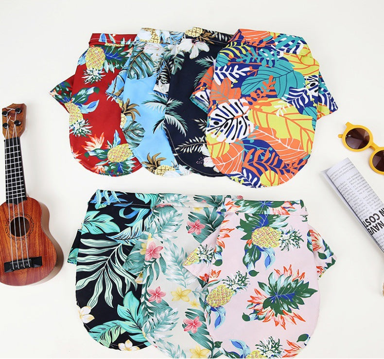Hawaiian pet shirt for dogs and cats in vibrant summer colors, perfect for warm weather image with all variants close up.