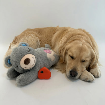 Dog lying next to a gray Heartbeat Dog Toy with a red heart on a white background