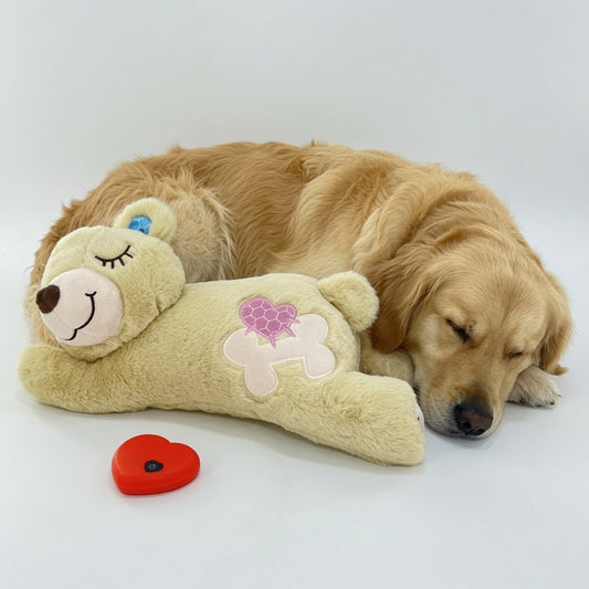 Dog sleeping next to a Heartbeat Dog Toy on a white background