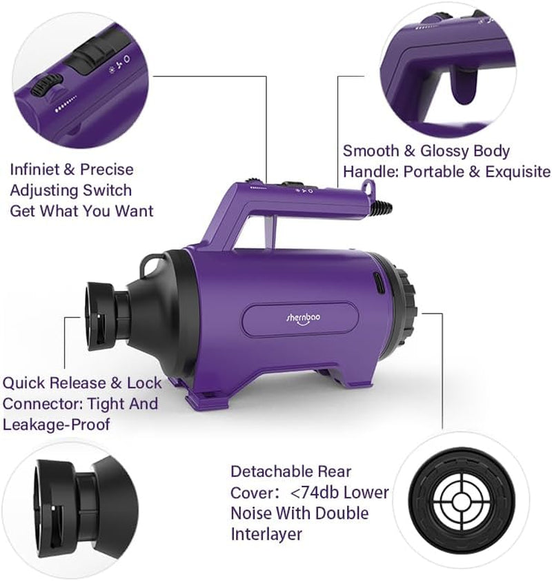 Purple handheld device with features highlighted on a white background