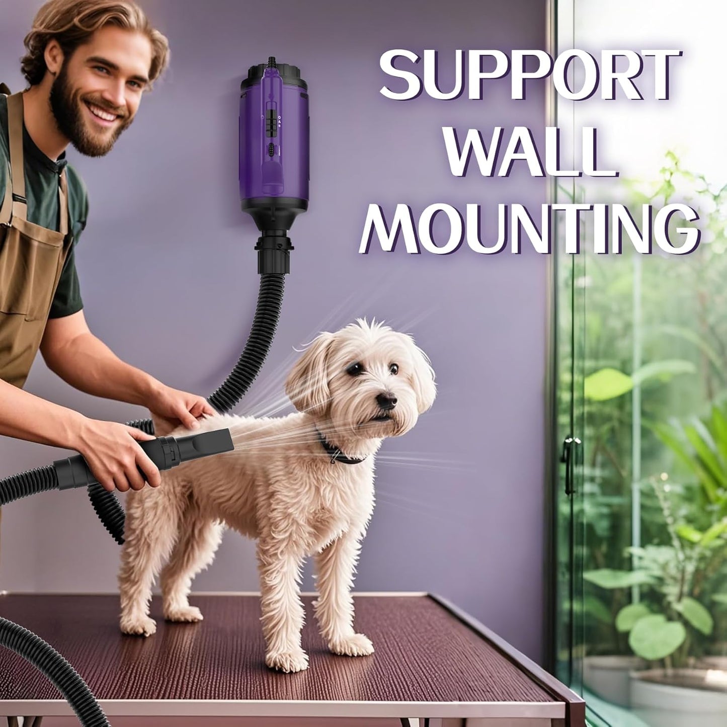 Man grooming a dog with a wall-mounted pet grooming tool in a room with plants.
