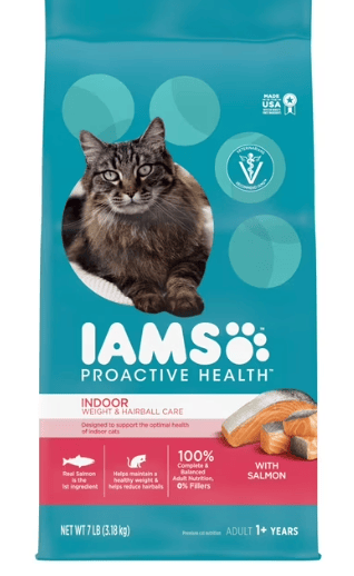 Indoor cat eating IAMS Salmon Dry Cat Food for weight and hairball care – 7 lb bag