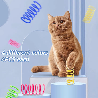 Cat sitting on a platform with colorful springs around, on a light blue background.