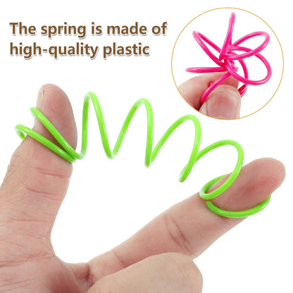 Hand holding a green spring with an inset showing pink springs, text about high-quality plastic.