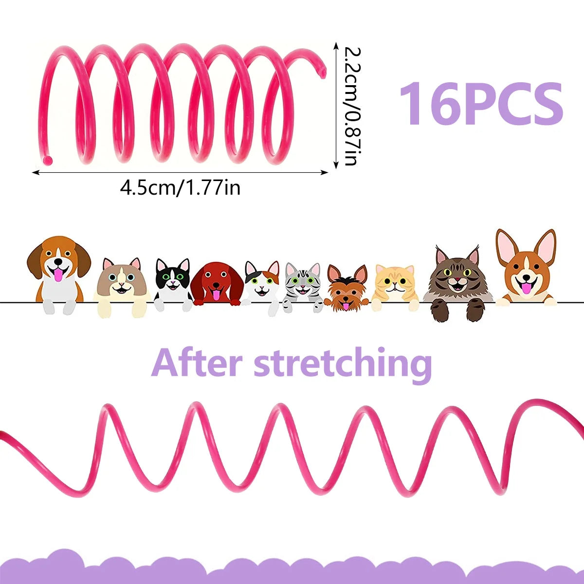 Pink spiral spring with measurements and cartoon animals on a white background